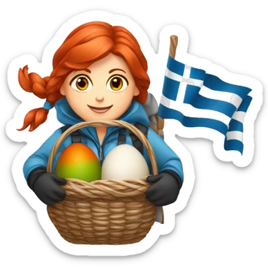 red hair female winter mountaineer climbing with Easter eggsbasket and Greek flag sticker