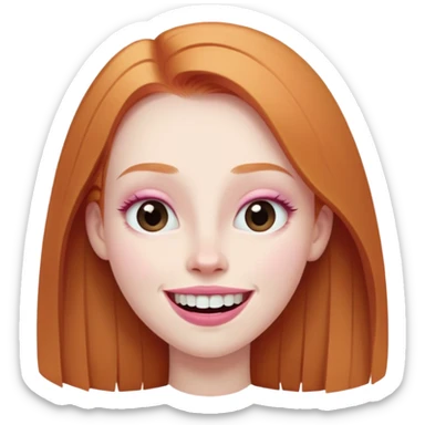 traditional emoji of young girl with very pale skin, long straight muted ginger hair, elongated oval face, bigger human-like eyes positioned close together, fuller thick eyebrows, wide nose, very large full pink lips with a big smile showing extremely large and prominent teeth, less intense expression sticker