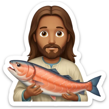 Jesus with long brown hair and a long beard holding a salmon sticker