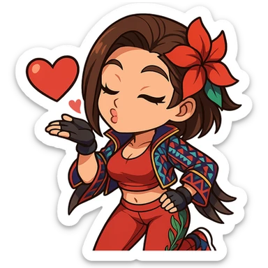Azucena from Tekken 8 in chibi sticker style, blowing a kiss with a flirty expression, wearing the detailed red and patterned outfit from the reference images, designed for Twitch emote use. sticker