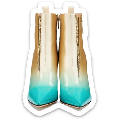 Hyper Realistic isolated front facing view of a pair of tiffany blue ,cream,and gold ombre Jimmy Choo zippered peppe toe Stiletto Heel ankle bootie boots. sticker