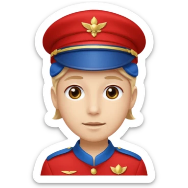 Vendeur comptoir habiller en rouge portant une casquette bleueu sticker