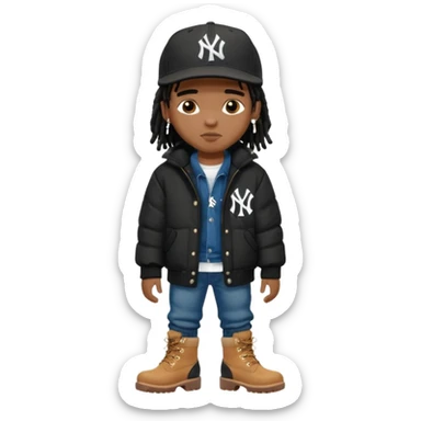 African American boy with short black dreadlocks wearing a black New York Yankees logo baseball cap wearing a black bubble winter coat wearing denim skinny jeans and timberland boots sticker