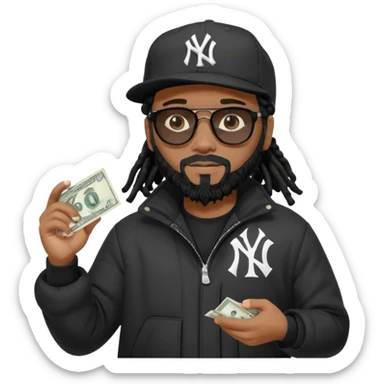 African American man with shoulder length black dreadlocks with black beard wearing black sunglasses wearing a black New York Yankees logo baseball Cap wearing a black bubble winter coat spreading money across his arm sticker