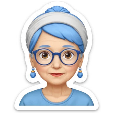 fat old woman with blue bun hair and glassess and headband sticker