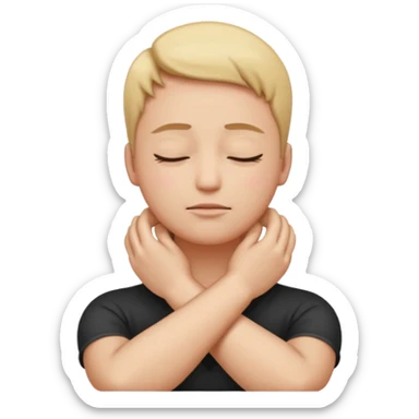 person with arms crossed holding their neck eyes closed emoji sticker
