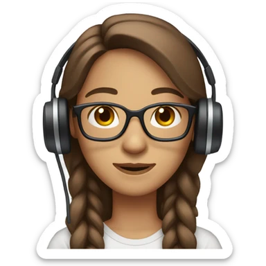 straight long brown hair, middle part, brown eyes, big glasses, and headset sticker