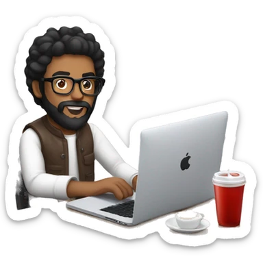 Designer with black hair, beard and glasses working with MacBook and drinking cappuccino with ketchup bottle sticker