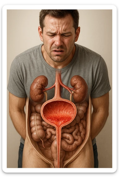 Vertical, hyper-realistic 3D cutaway illustration: uomo con difficoltà con cistite e problemi  sticker