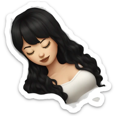 Woman pale skin black hair with bangs sleeping in bed with pillow, white woman sticker