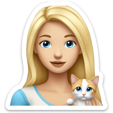 a pretty blonde girl with blue eyes holding a calico kitten sticker