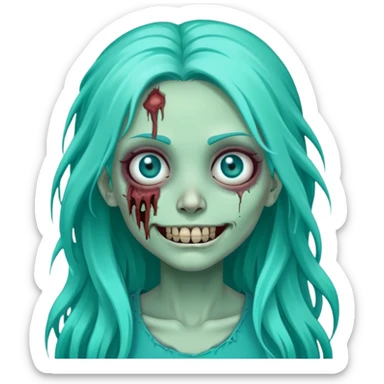 zombie girl with long turquoise hair, one eye missing, creepy smile, cute undead character sticker