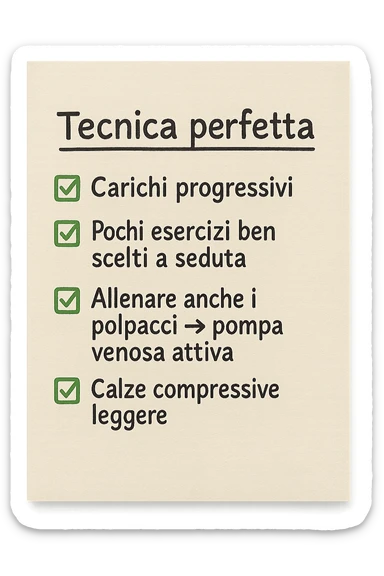 FOGLIO DI CARTA PER L'ALLENAMENTO IN PALESTRA CON LA SCRITTA "Tecnica perfetta
 ✅ Carichi progressivi
 ✅ Pochi esercizi ben scelti a seduta
 ✅ Allenare anche i polpacci → pompa venosa attiva
 ✅ Calze compressive leggere" , IPERREALISTICA 4K sticker
