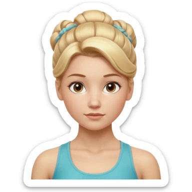Cinematic Realistic Workout Girl Portrait, depicted with lifelike skin texture, subtle rosy undertones, and soft natural lighting that enhances the gentle contours of her face. Her intricately detailed golden blonde hair is elegantly styled in an updo, sticker