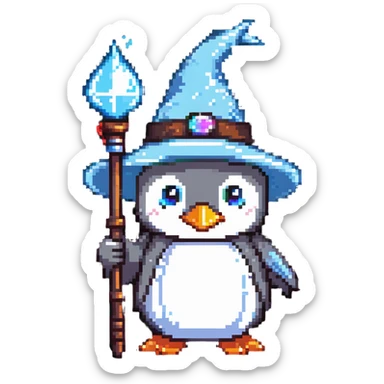 penguin wizard with a pointy hat and magic staff sticker