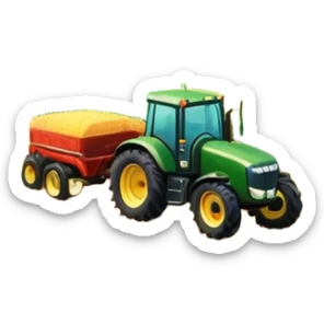 An icon featuring a vibrant rural landscape with a tractor plowing fields, inspired by Farming Simulator 22. The design includes lush green fields, a barn, and a scenic countryside with trees and mountains in the distance. Transparent background sticker