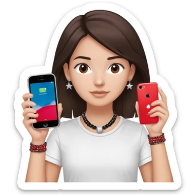 brunette girl with wavier medium length hair, brown eyes, light/medium skin tone, holding two phones - one iPhone and one plain black phone without Apple logo, wearing red Adidas t-shirt, simple silver hoop earrings, and a colorful beaded charm necklace sticker