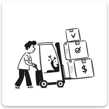 A hand-drawn warehouse worker with a forklift carrying inventory, representing a supplier sticker