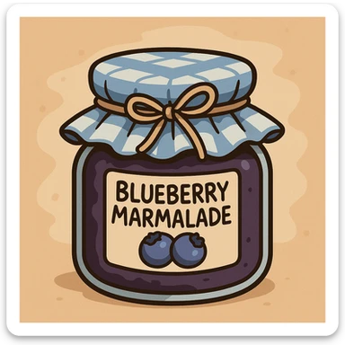 cartoon style jar of blueberry marmalade with a blue and white tiled fabric cap and a bow tied on top sticker