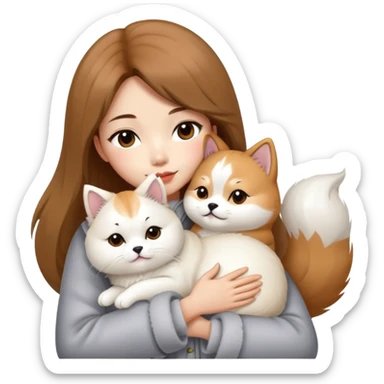 A Chinese fashion pretty girl with brown hair, wearing a light gray fur coat, hugging a Shiba Inu and a long-haired white Persian cat. sticker