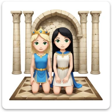 King, standing, black Hair, blue eyes, female servant, blonde, green eyes, shott white sleveless dress, kneeling, background palace sticker