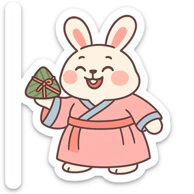 chubby bunny in hanfu holding a bamboo-wrapped zongzi with a big smile, Chinese traditional style, soft tones sticker