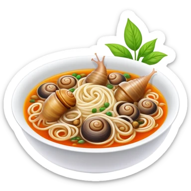 Liuzhou Snail Rice Noodles spicy soup with river snails, simplified emoji style with bold outlines and bright colors, cartoon style Guangxi specialty food sticker
