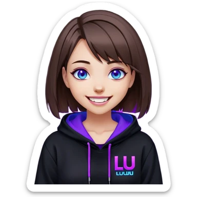 brown haired girl with a bob and blue eyes wearing black hoody with violet letters "Lu", laughs. Cyberpunk style. Violet neon. sticker