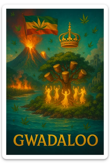 “Depict a mystical reimagining of Guadeloupe, a sacred French Caribbean island renamed Gwadaloo in spiritual rhythm. The landscape blends lush green mountains, twin volcanoes erupting golden light, and deep turquoise sea. In the center stands a legendary Drum Tree — its branches grow carved wooden drums instead of fruit, and glowing ancestral spirits dance around it in a circle of rhythm. Sugarcane fields burn gently in the background, symbolizing the release of colonial pain, while ganja leaves drift in the wind like blessings. Overhead, a sacred ganja-leaf flag flutters in the sky with red, green, and gold colors. A Creole crown floats in golden light above the island, not on any man’s head, but pulsing to the beat of the land. In the distance, ghostly ruins of colonial buildings crumble into dust, reclaimed by vines and time. Use a vibrant, cinematic color palette with warm golden light, deep greens, glowing reds, and ocean blues. Style the scene as prophetic, surreal, and empowering — a vision of Caribbean sovereignty, rhythm, and soul remembrance." sticker
