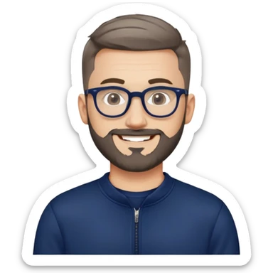 Fair-skinned man with oval face, extremely short tight haircut (very short on top, skin fade on sides), short salt and pepper beard, large black-framed glasses, smiling, wider body type, wearing navy blue long sleeve zip sweatshirt sticker