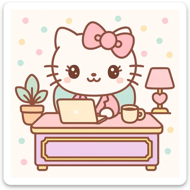 girly CEO cat with a big bow, sitting at a gold-accented desk, laptop and coffee cup, plush office decor, Hello Kitty world, kawaii style sticker