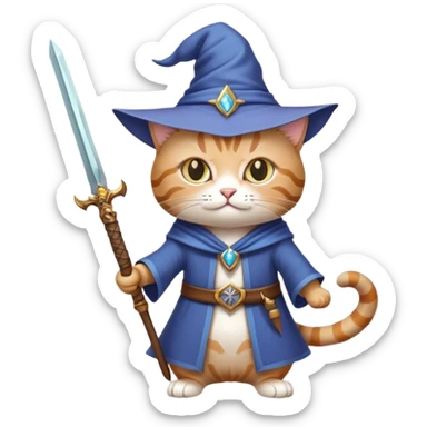A cat wizard with a sword and a wand sticker