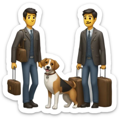 a man with a dog and a suitcase sticker