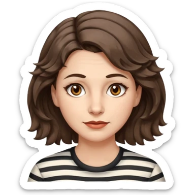 fair-skinned caucasian woman, 40s, chin-length rather wavy/unruly brown-ish hair with some white stripes (wolf haircut), hazel eyes. no glasses sticker