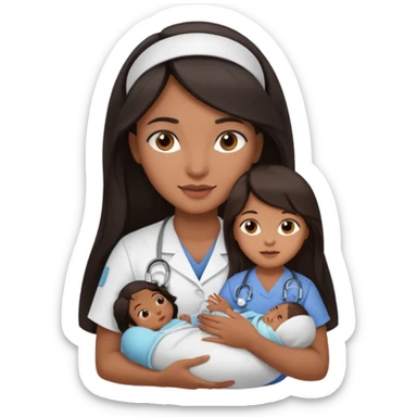 Female nurse with long dark hair with medium brown skin and brown eyes holding a baby sticker
