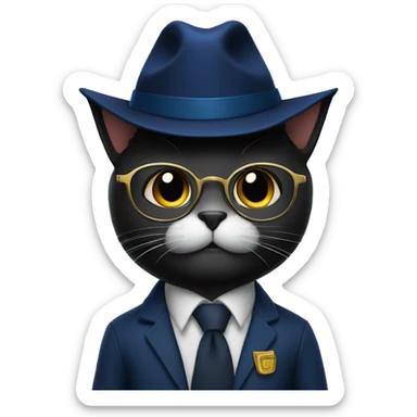 The student is a black wool cat in a dark blue suit, a square academic dark blue cap and golden glasses sticker