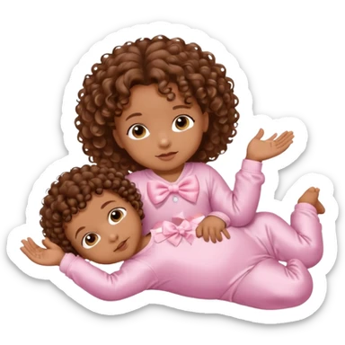 Brown skin 6 month old baby with brown curly hair down laying down with satin baby pink onesie and white bow sticker
