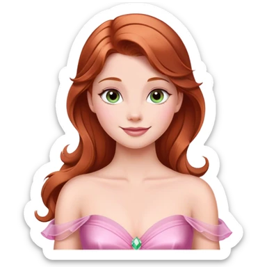 Cinematic Radiant Sleeping Beauty Portrait Emoji, rendered in a realistic, vector style with clean proportions. Show Aurora with a gentle smile, porcelain skin, and beautifully styled auburn hair, wearing her classic pink gown. The image glows with a soft, inviting radiance and high shine, accentuated by a soft glowing outline that enhances her graceful charm. sticker