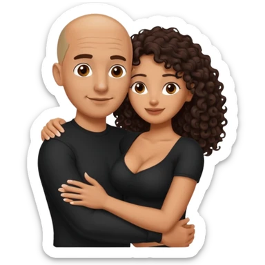 A picture of an embracing tanned couple. the man is a Mexican man with tanned skin, with a bald hair cut, and wearing a black shirt. the woman is mixed, glasses,  with long curly dark brown hair and with big boobs. Remove the glasses from the man sticker