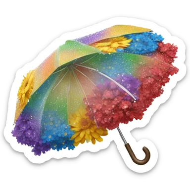 Rainbow umbrella made of flowers with dew drops dripping off and a large handle  sticker