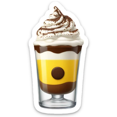 Shot glass, liquid inside is divide in two, yellow at the bottom an coffee on top covered whit a nice spry cream an chocolate powder sticker