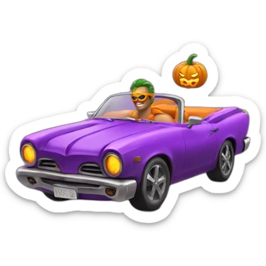 pumpkin superhero in a convertible with purple flames sticker