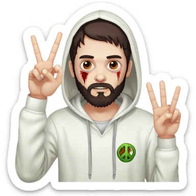 zombie with peace sign gesture wearing white hoodie, with dark brown hair and short full beard sticker