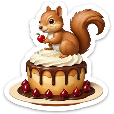 A large caramel custard decorated with chocolate and almonds to resemble a squirrel. Whipped cream with streaks of chocolate forms the shape of the squirrel's tail. It is topped with a cherry. sticker