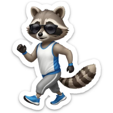 friendly anthropomorphised raccoon in sports wear, wearing dark sunglasses, jogging upright in relaxed pose sticker