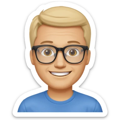 portrait of adult man, wearing a t-shirt, square glasses, smiling face sticker