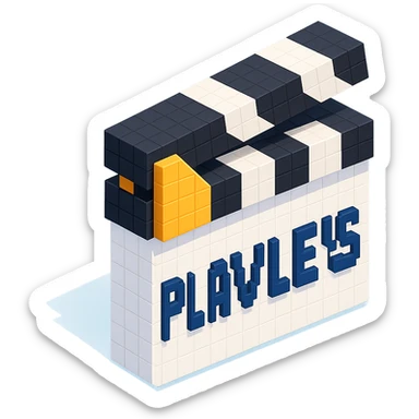 voxel style movie clapperboard with the text 'PLAVLEYS', white body, black lid, isometric view sticker