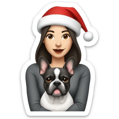 brunette woman with a dark grey French bulldog both wearing Santa hats  sticker