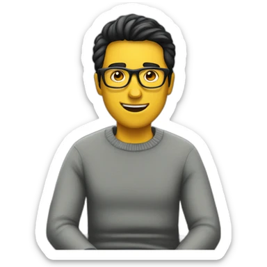 White man with yellow tinted glasses and black hair in a gray jumper and sitting on a chair sticker