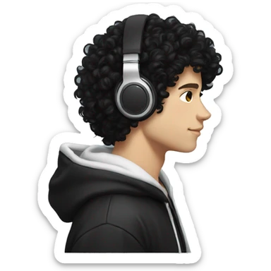 super curly long black hair, white skin teen boy, black hoodie, headphones on neck, profile photo sticker